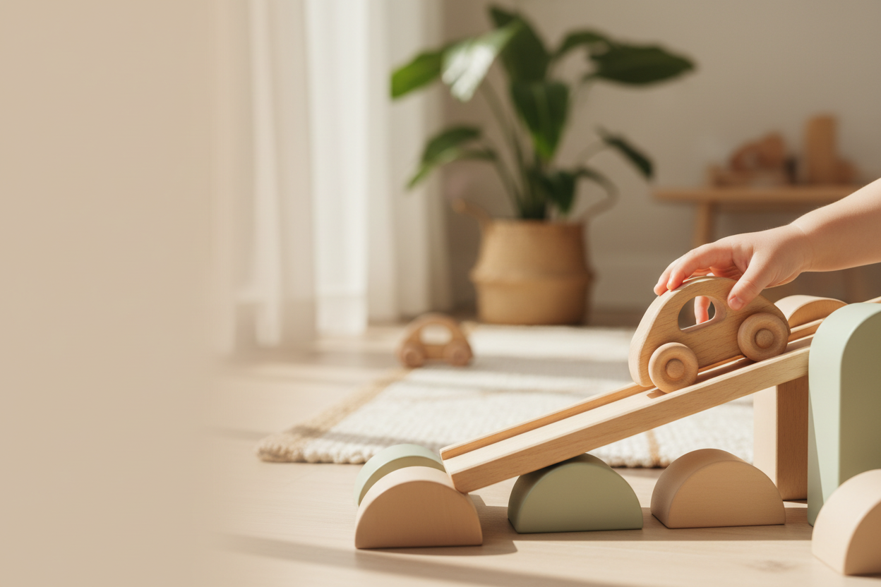 A calm, natural hero image of child hands playing with a simple wooden toy car on a wooden ramp. 
Soft natural daylight, neutral color palette with beige and soft green tones. 
Minimalist composition with shallow depth of field and a gently blurred background. 
Wide landscape image with negative space on the left for text, subject positioned on the right. 
Educational, playful but calm atmosphere, modern and timeless.

No plastic toys, no bright colors, no cartoon style, no illustration, no text, no logo.