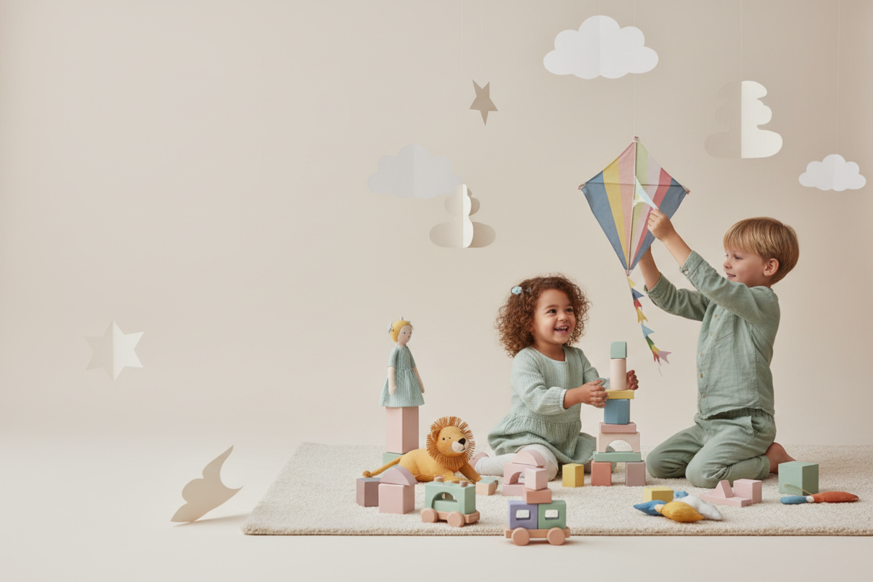 Editorial studio-style photo of children aged 3 and 6 playing together in a calm and joyful way. Light neutral background, soft studio lighting, colorful but balanced toys. Subtle paper-cut elements, natural focused expressions, playful yet serene mood. Play on the right, negative space on the left.